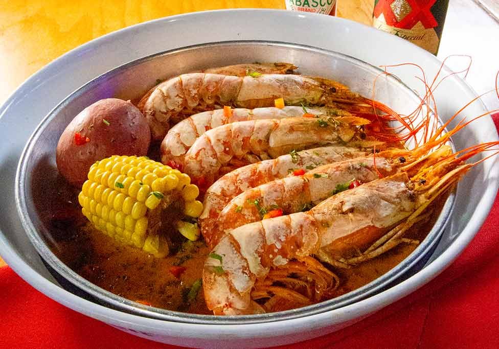 Head-on shrimp caught locally from Galveston and cooked in a sauce.